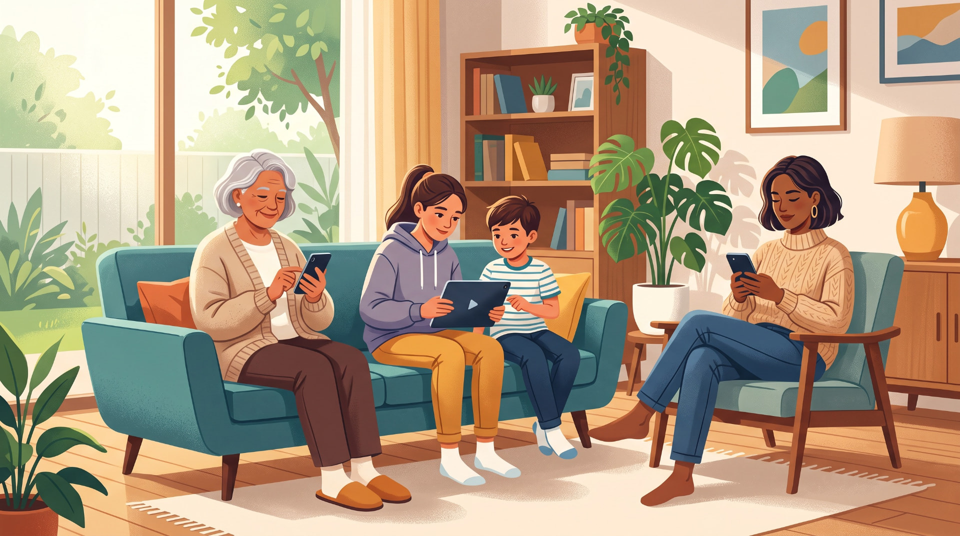 Una familia de distintas edades usando inteligencia artificial en el living de su casa